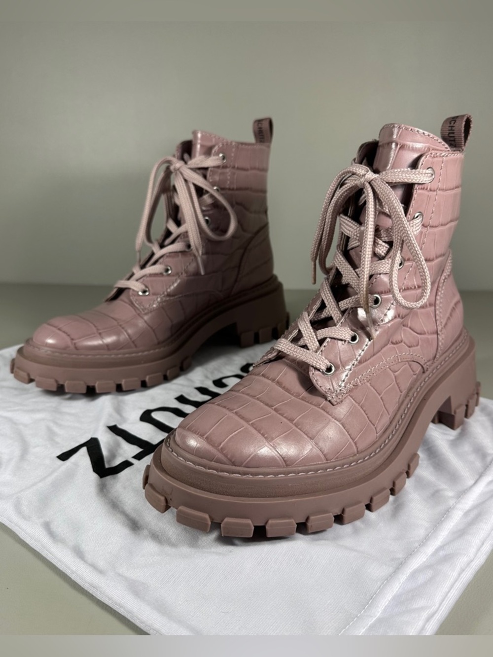 Schutz Orly Croc Print Lug Sole Lilac Combat Shiny Leather Boots - Picture 2 of 10